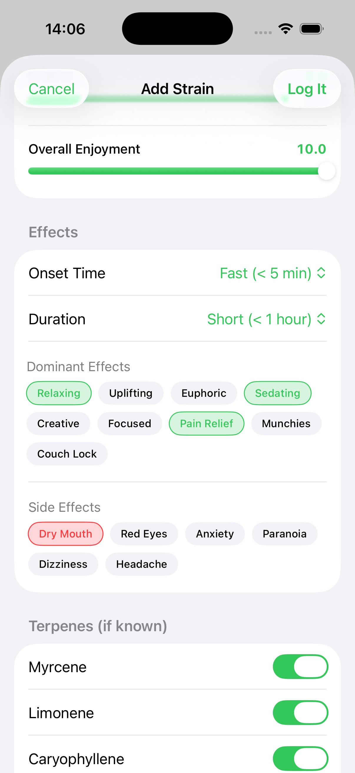 Effects, terpenes, and ratings