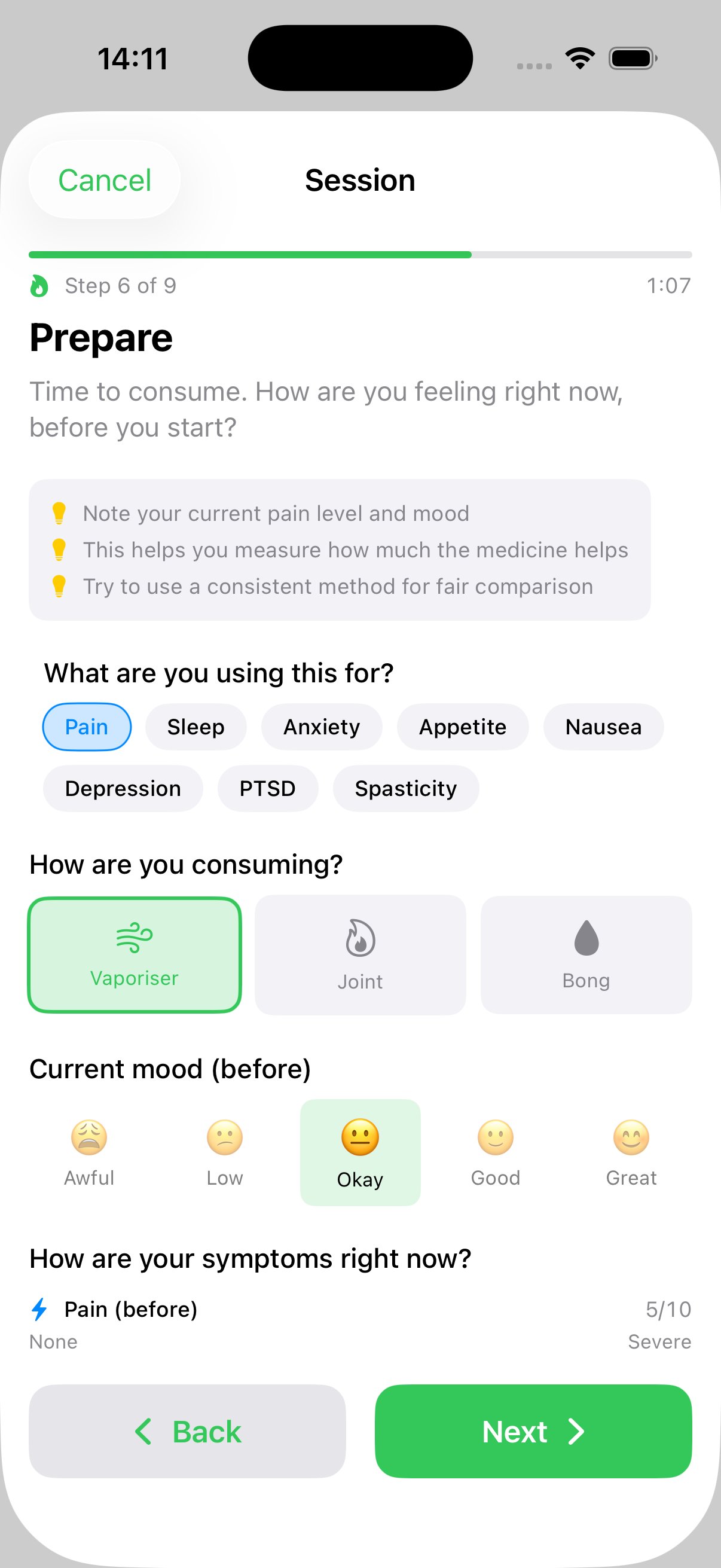 Guided session symptom tracking