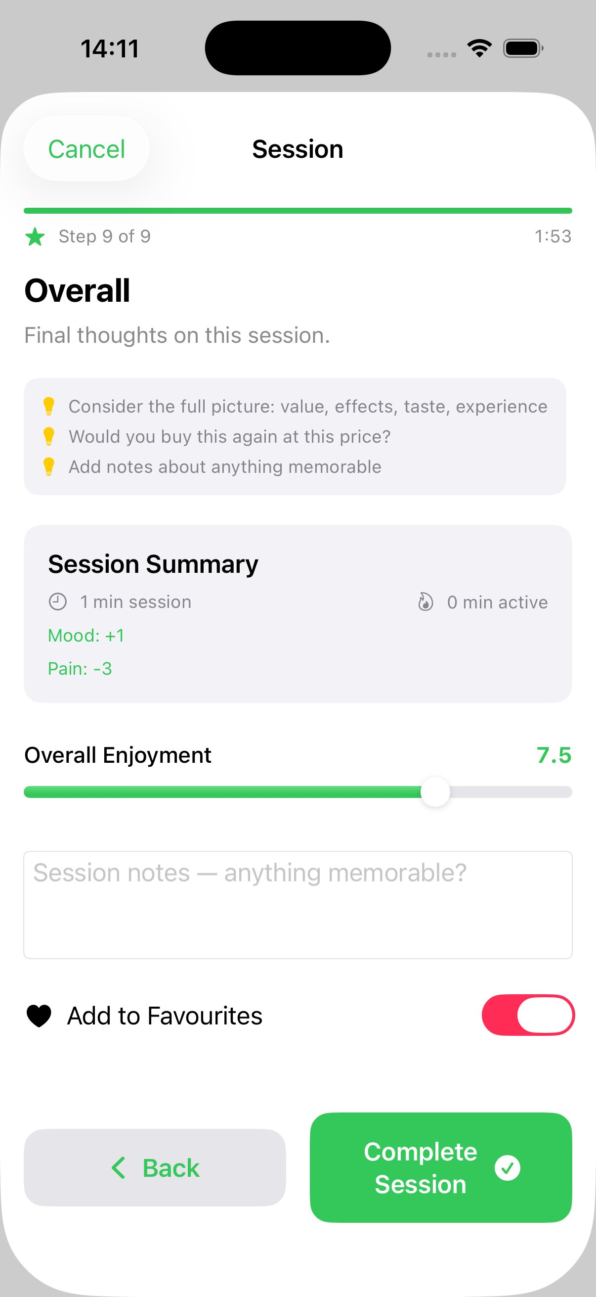 Session summary with symptom changes